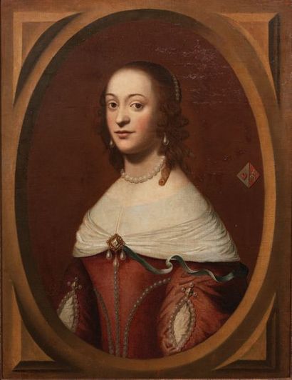 École HOLLANDAISE du XVIIe siècle Portrait de jeune femme en robe rouge Huile sur...