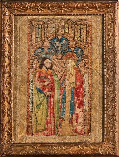  ORFROI PANEL embroidered with silk, gold and silver threads representing Saint Barthelemy...
