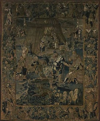  TAPESTRY in wool and silk representing Judith beheading Holofernes. The scene takes...