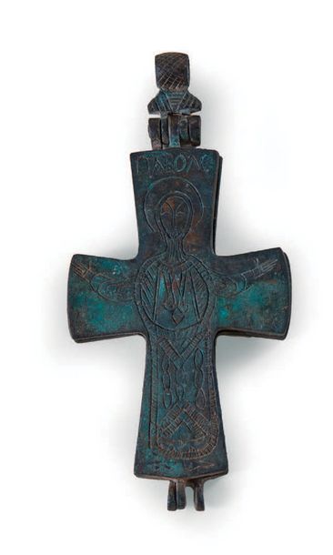  LARGE pectoral RELIQUAIRE CROSS, necklace, in bronze with engraved decoration representing...