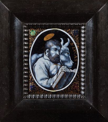 null Enamel plaque painted in grey with gold, polychrome and straw highlights representing...