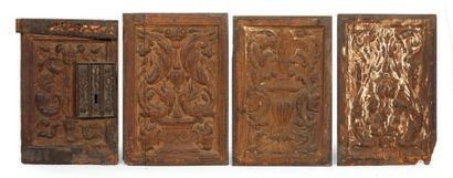 FURNITURE ELEMENTS in carved oak with polychrome...