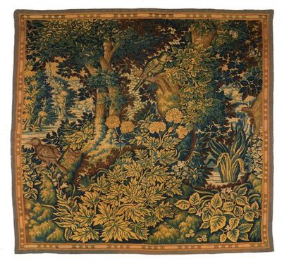 FLANDRES FRAGMENT OF WOOL TAPES. Greenery with parrot decoration on branches.
Around...