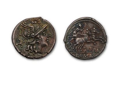  AFRANIA (150 BC) Denier. Head helmeted from Rome on the right. R/Victory in a bend...