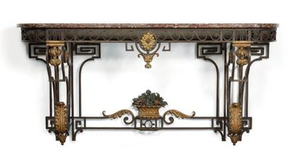 null Wrought iron and gold plated metal WALL CONSOLE. Two console uprights with licking...