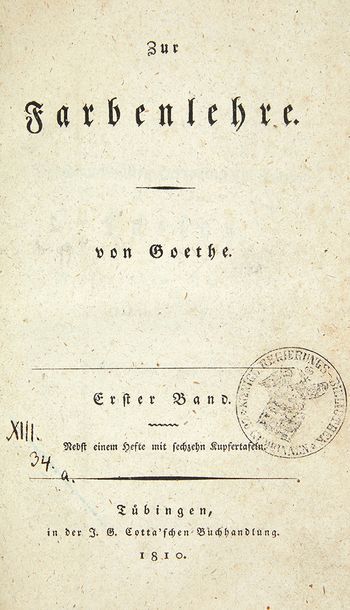 GOETHE, Johann Wolfgang von. Zur Farbenlehre. Tübingen, J.G. Cotta, 1810. 2 volumes...