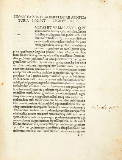 ALBERTI, Leon Battista. De re aedificatoria. Florence, Nicolaus Laurentius Alamanus,...