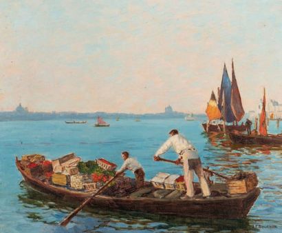 Joseph-Felix BOUCHOR (1853-1937) 
Vue de Venise, barque de légumes
Huile sur toile...