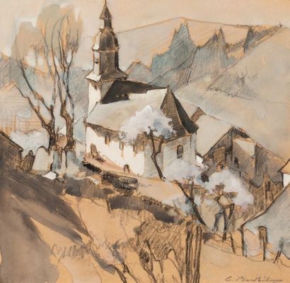 Camille Barthélemy (1890-1961) 
Vue plongeante sur un village des Ardennes
Crayon...