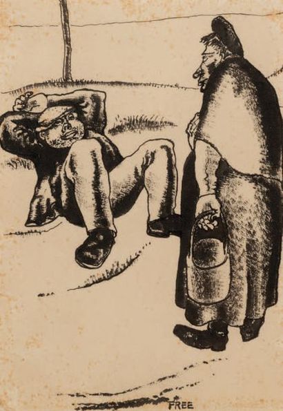 FRITS VAN DEN BERGHE (1883-1939) 
Femme curieuse, vers 1935
Encre sur papier
Signée...