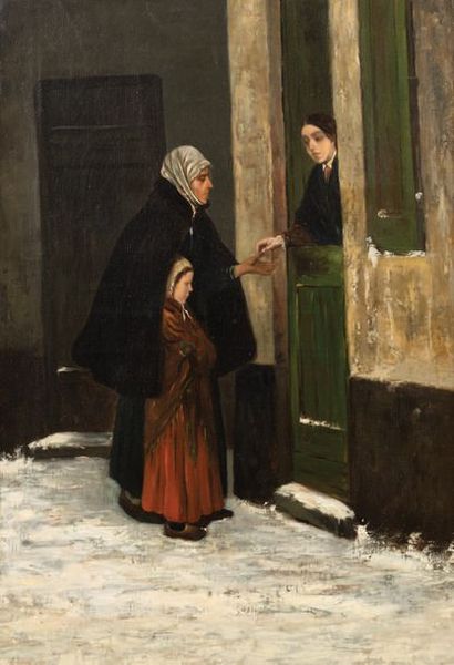 CHARLES DE GROUX (1895-1870) 
L'aumône, vers 1860
Huile sur toile, réentoilée
Porte...