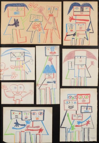 PIERRE CAILLE (1912-1996) 
Suite de huit dessins, 1966
Pastel sur papier, Signé et...