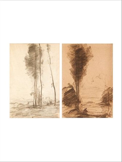 Jean-Baptiste-Camille COROT (1796-1875) Pêcheur; paysage de cyprès
Ensemble de deux...