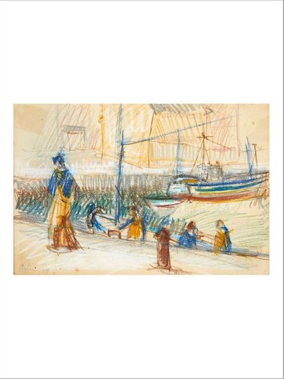 Jean HÉLION (1904-1987) ? Vue du port, 1964
Crayon, encre et pastel sur papier.
Signé...