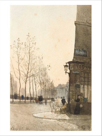 Henri-Joseph HARPIGNIES (1819-1916) Paris, rue Dauphine, 1881.
Aquarelle sur papier.
Signée...