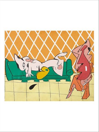 Valerio ADAMI (Né en 1935) 
Il divano "Da Picasso", 1965
Oil on canvas.
Signed, dated...