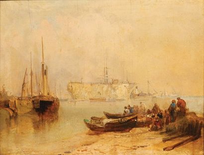 ÉCOLE ANGLAISE DU XIXE SIÉCLE, ENTOURAGE DE BONINGTON Le repos des pêcheurs
Huile...