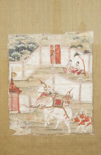 null INK AND COLOURS ON SILK, Ramayana scene with characters on elephants.
Thailand,...