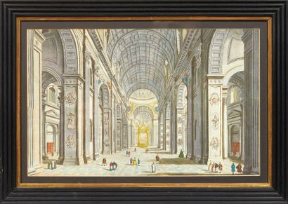 null SUITE DE SIX VUES D'OPTIQUE REHAUSSÉES DE GOUACHE Intérieurs de palais ou de...