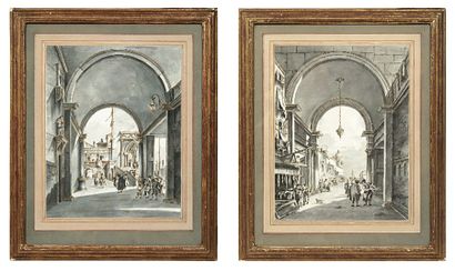 Giacomo Guardi (1764-1835) Caprice vénitien Deux lavis gris et brun, formant pendant....