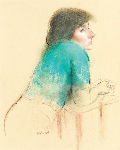 AARON SHIKLER (NÉ EN 1922) Woman in a green sweater, 1984 Pastel sur papier beige....
