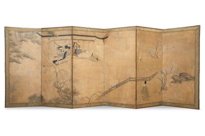 null Six-sheet ink and colour folding screen on paper, decorated with scenes from...