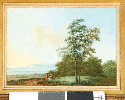 École FRANÇAISE de la fin du XVIIIe siècle Animated
landscape Two gouaches forming...