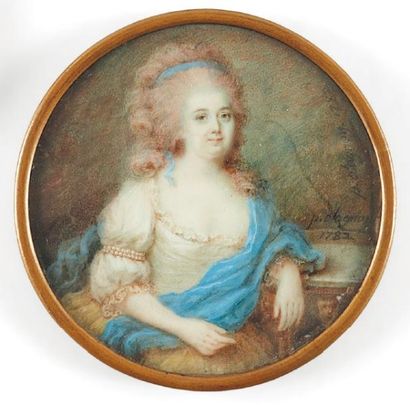 Pierre Olagnon (? - Paris 1788) Portrait d'une dame de qualité en robe de soie crème...