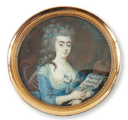Thellot (école française vers 1780) Portrait de jeune femme en robe de soie bleue,...