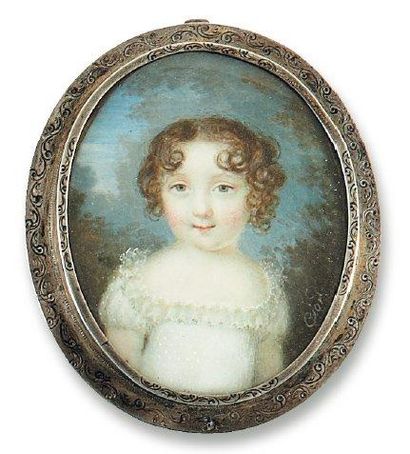 Charles Cior (Paris, 1769-1840) Portrait de jeune fillette en robe de dentelle blanche,...
