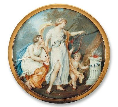 Ecole française vers 1780 «Offrande à l'autel de l'Amour», deux femmes à l'antique...