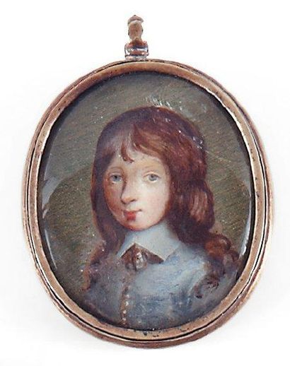 Ecole anglaise vers 1650 Portrait de jeune homme en habit rose. Miniature ovale dans...