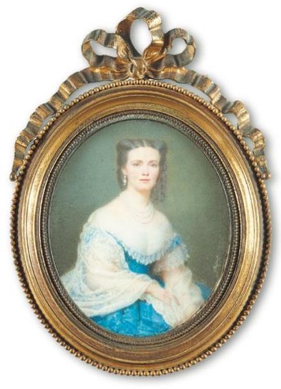 Seibert, école française vers 1850 Portrait de femme à la robe de soie bleue et châle...