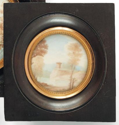 Ecole française vers 1800 Paysage de bord de rivière. Miniature ronde gouachée et...