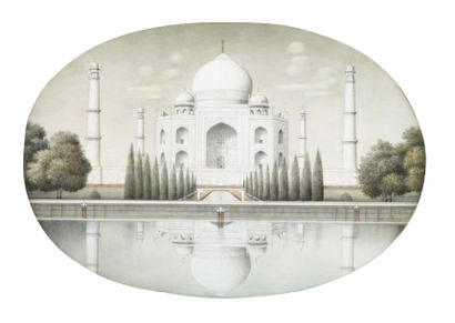 null Vue du Tâj Mahal près de la rivière Yamunâ. Peinture ovale sur plaque d'os en...
