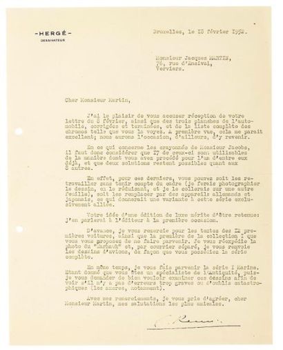 HERGÉ (1907-1983) Courrier tapuscrit signé G. Remi du 18 février 1952 accusant réception...