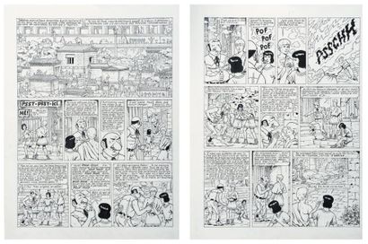 JACQUES MARTIN (1921-2010) Hommage à Hergé, 1983 Deux planches originales à l'encre...
