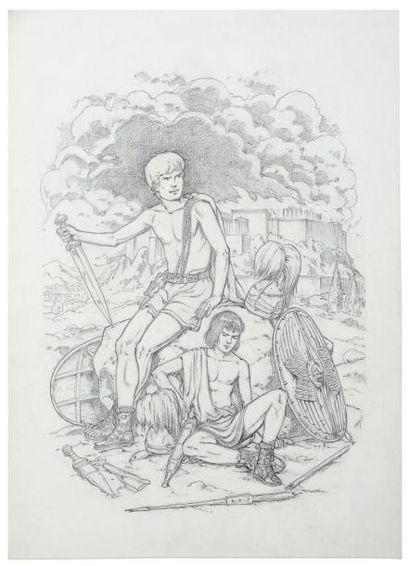 JACQUES MARTIN (1921-2010) Alix et Enak Grand dessin original au crayon, très abouti,...