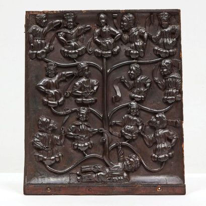 null LARGE PANEL of dresser door in walnut carved in high relief representing the...