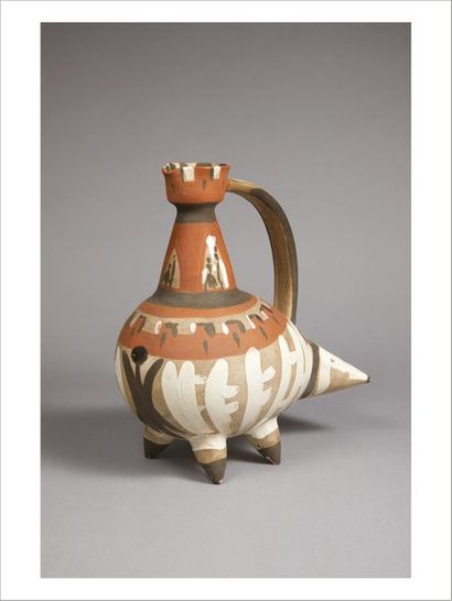 Pablo Picasso (1881-1973) Tarasque, 1954 Zoomorphic ceramic pitcher painted partially...