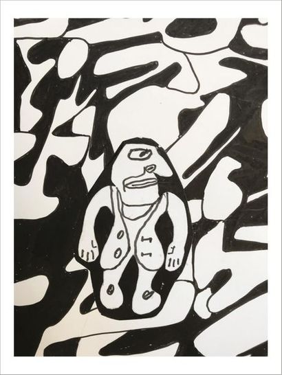 Jean Dubuffet (1901-1985) 
Paysage avec un personnage, 1980
Encre de chine et collage...