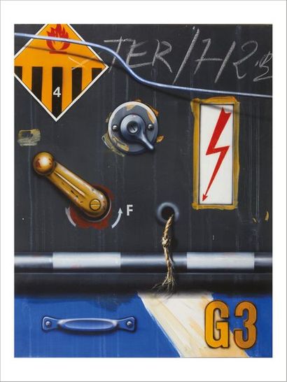 PETER KLASEN (NÉ EN 1936) 
Manette G3 / fond gris-bleu, 1987
Acrylique sur toile.
Signée,...