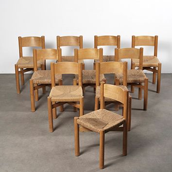 Charlotte PERRIAND (1903-1999) 
Ensemble de dix chaises «Meribel»
Mélèze et paille
Édition...