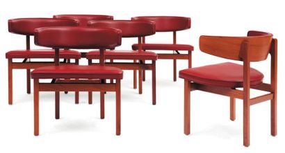 BORGE MOGENSEN (1914-1972) Suite de six chaises Cuir rouge et acajou. 1962. Estampillées....