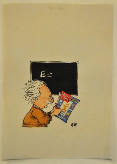 LOUP Einstein Dessin original à l'encre de chine, feutre et aquarelle sur papier...
