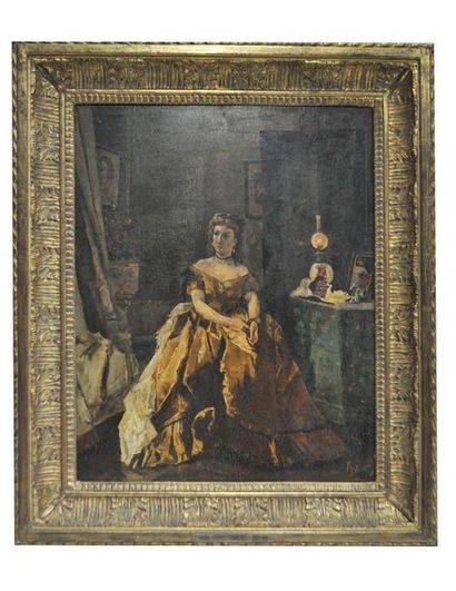 Alfred Stevens (D'après) Femme à la robe jaune Huile sur panneau, signée en bas à...