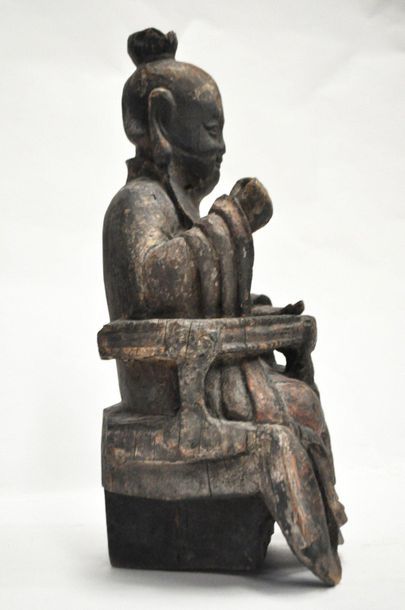 null CHINE Epoque MING (1368 - 1644) Statuette de dignitaire en bois laqué polychrome...