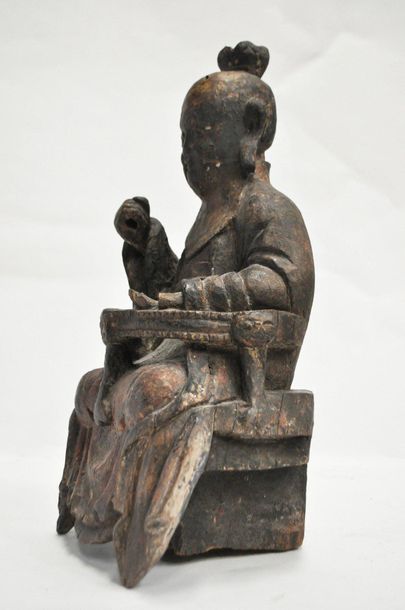 null CHINE Epoque MING (1368 - 1644) Statuette de dignitaire en bois laqué polychrome...