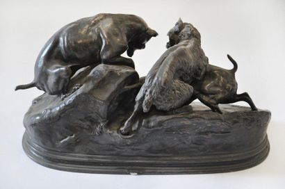 Pierre-Jules MENE (1810-1879) (d'après) Groupe en bronze à patine brune représentant...