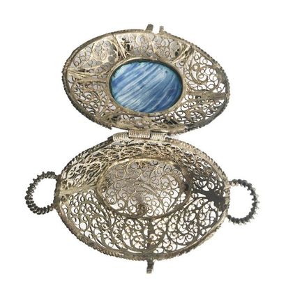 null Filigree silver incense box in the shape of a basket with side handles, the...